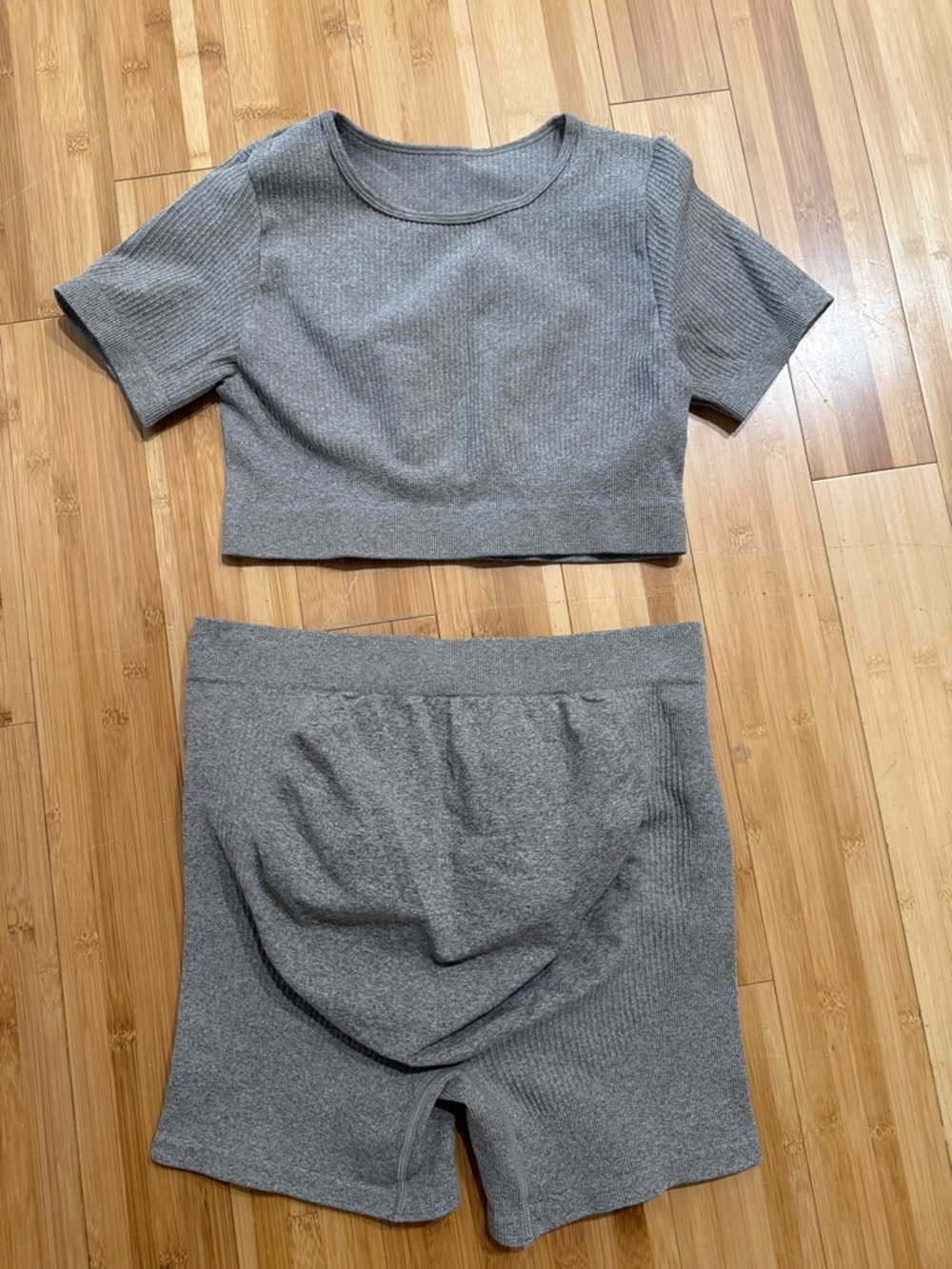 Maternity Ribbed Two-Piece Crop Top and High-Waist Shorts Set - Gray-NWT